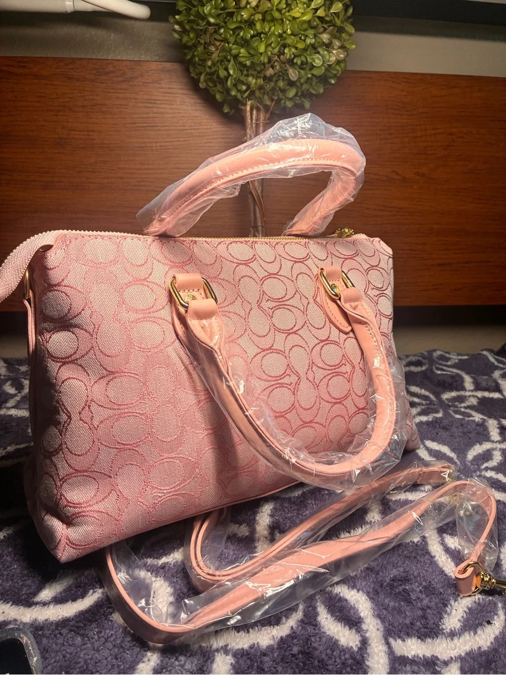 Coach Pink Signature Jacquard Satchel